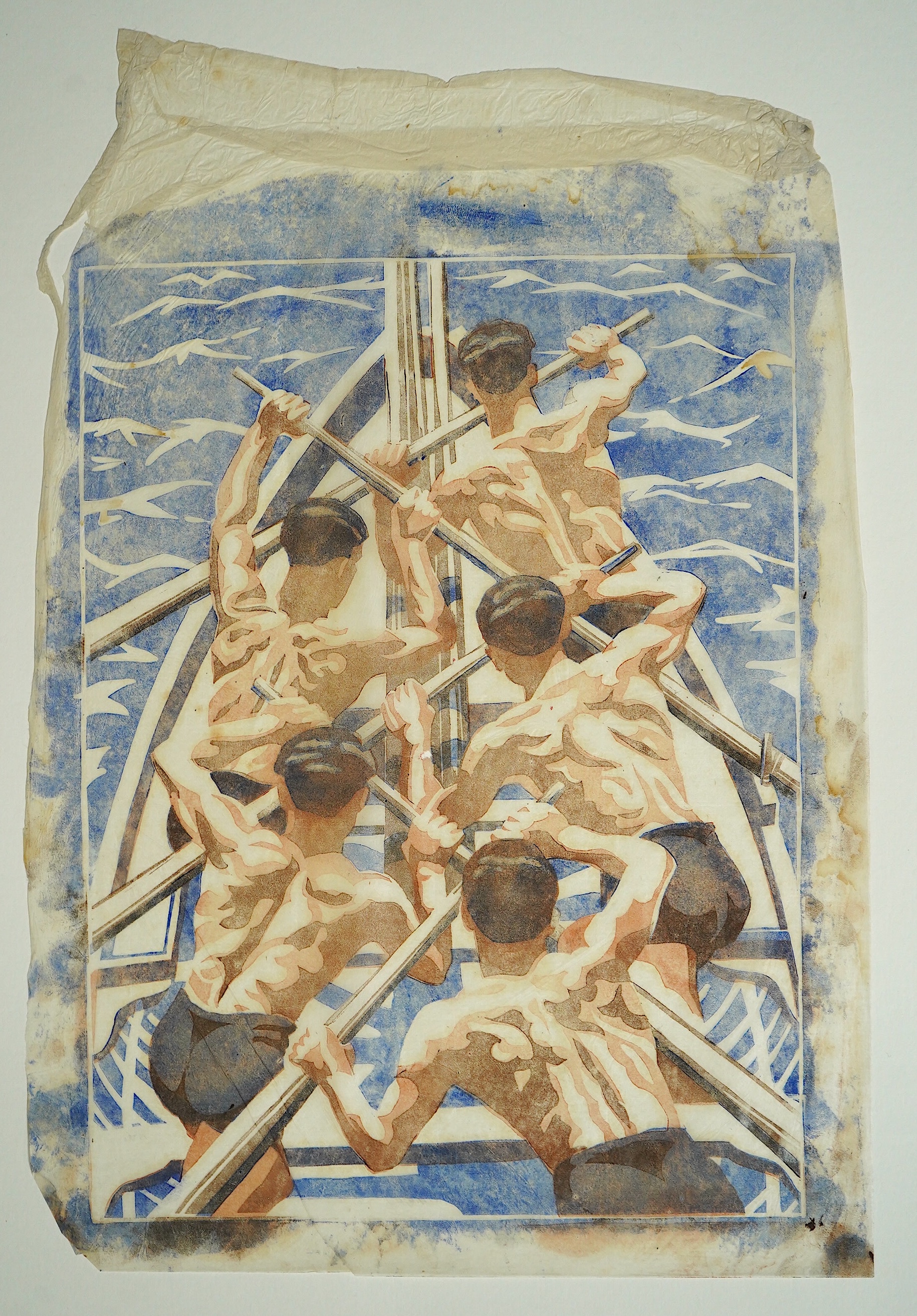 Margaret Barnard (British, 1900-1992), The Oarsmen Positano, c.1930, linoleum cut printed in colours on tissue-thin oriental laid paper, 34 x 26cm.